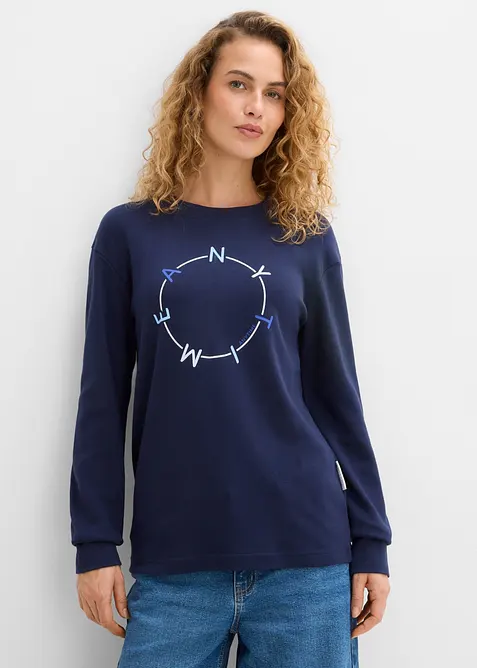 Langarmshirt mit schwerer Baumwolle in blau von vorne (im Anschnitt) - bonprix