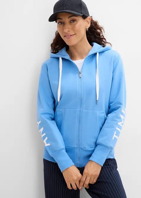 Kapuzen-Sweatjacke aus elastischem Bio-Baumwoll-Mix in blau von vorne (im Anschnitt) - bonprix