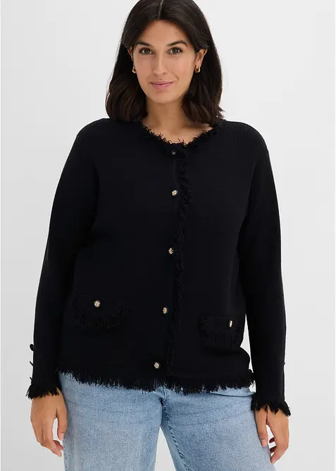 Strickjacke aus Bouclé in schwarz von vorne (im Anschnitt) - bonprix
