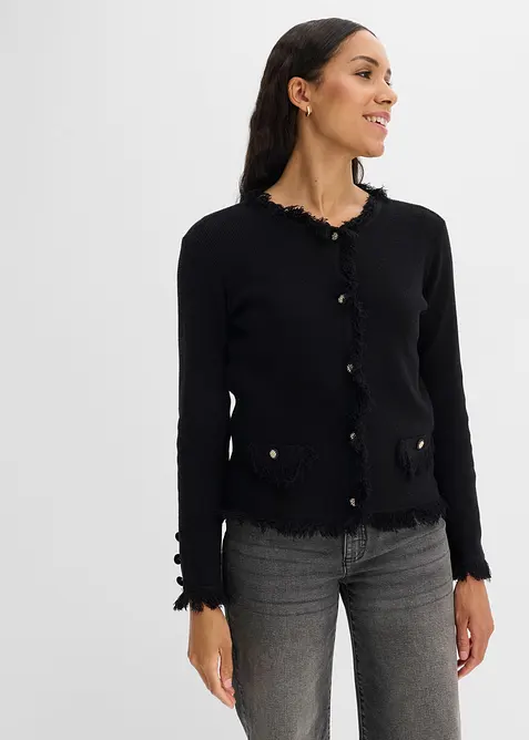 Strickjacke aus Bouclé in schwarz von vorne (im Anschnitt) - bonprix