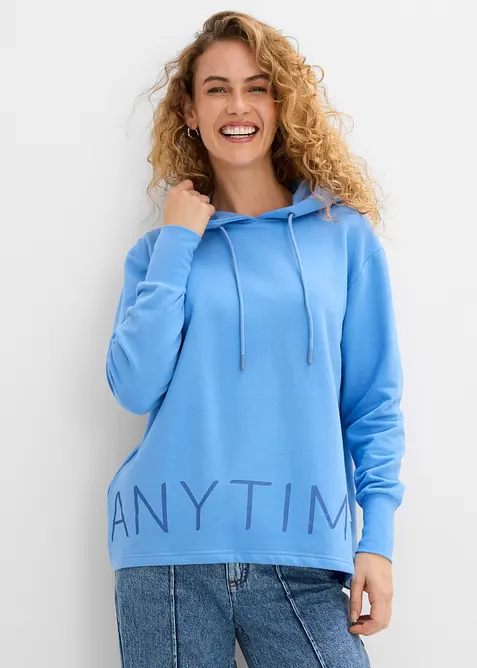 Hoodie aus elastischem Bio-Baumwoll-Mix in blau von vorne (im Anschnitt) - bonprix