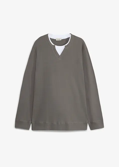 Langarmshirt aus Waffelstrick in 2-in-1-Optik aus reiner Baumwolle in grau von vorne - bonprix