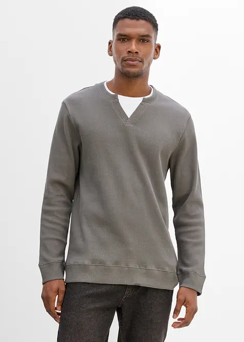 Langarmshirt aus Waffelstrick in 2-in-1-Optik aus reiner Baumwolle in grau von vorne (im Anschnitt) - bonprix