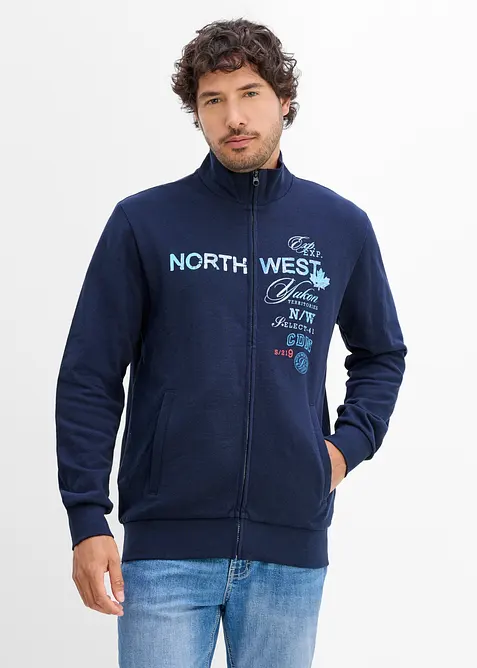 Sweatjacke mit Stehkragen aus reiner Baumwolle in blau von vorne (im Anschnitt) - bonprix