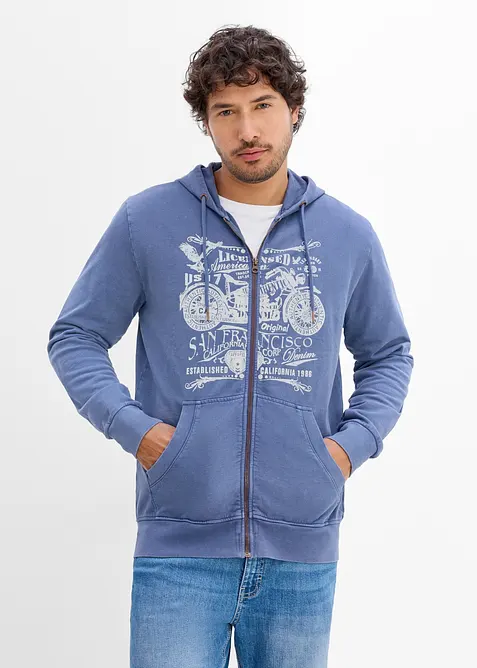 Kapuzen-Sweatjacke aus reiner Baumwolle in blau von vorne (im Anschnitt) - bonprix