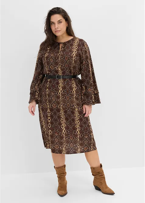 Midikleid mit Gürtel aus feinem Viskose-Mix in braun von vorne (Totalaufnahme) - bonprix