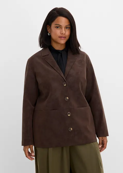 Einreihiger Velourslederimitat-Blazer in braun von vorne (im Anschnitt) - bonprix