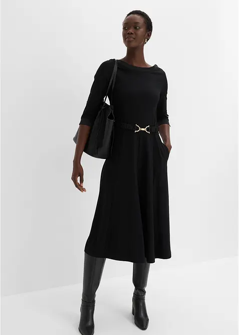 Kleid aus Punto di Roma mit Satin Gürtel in schwarz im Look von vorne (Totalaufnahme) - bonprix