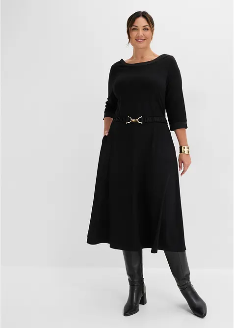 Kleid aus Punto di Roma mit Satin Gürtel in schwarz von vorne (Totalaufnahme) - bonprix