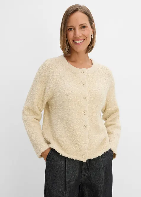 Teddy-Strickjacke in beige von vorne (im Anschnitt) - bonprix