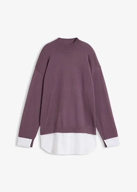 Oversize-Pullover mit Bluseneinsatz in lila von vorne - bonprix