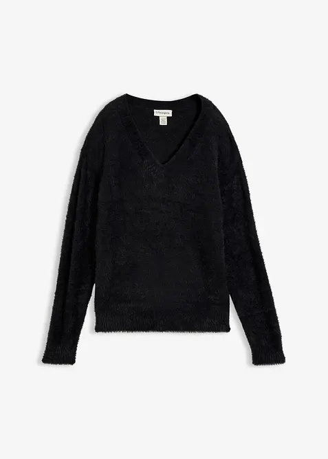 Pullover in Plüschoptik in schwarz von vorne - bonprix