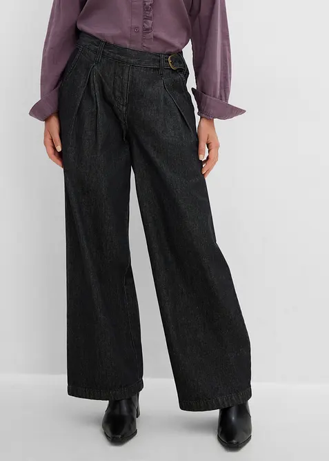 Wide-Leg-Jeans mit Bundfalten in schwarz von vorne - bonprix
