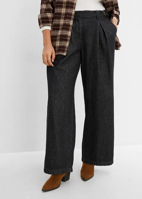 Wide-Leg-Jeans mit Bundfalten in schwarz von vorne - bonprix