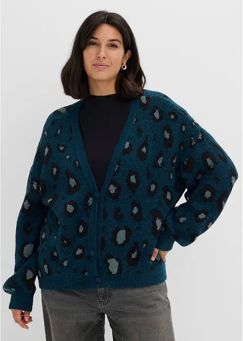 Strickjacke mit Jacquardmuster in petrol von vorne (im Anschnitt) - bonprix