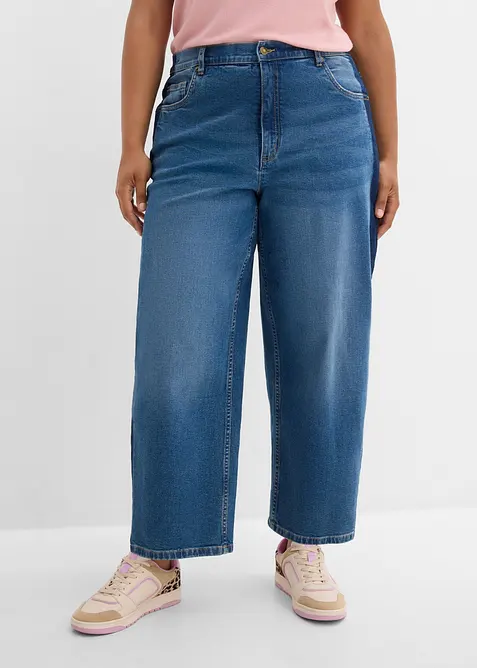 Barrel-Jeans High Waist, cropped in blau von vorne - bonprix