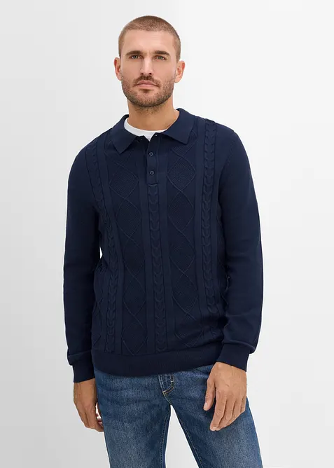 Polo-Zopfstrick-Pullover aus reiner Baumwolle in blau von vorne (im Anschnitt) - bonprix