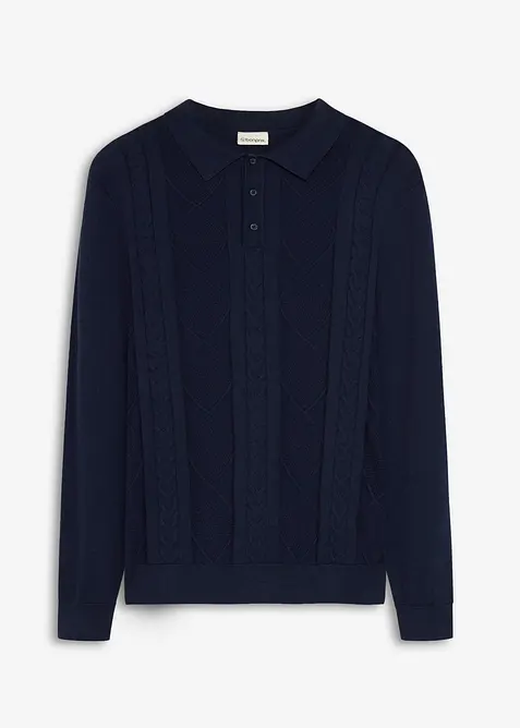 Polo-Zopfstrick-Pullover aus reiner Baumwolle in blau von vorne - bonprix