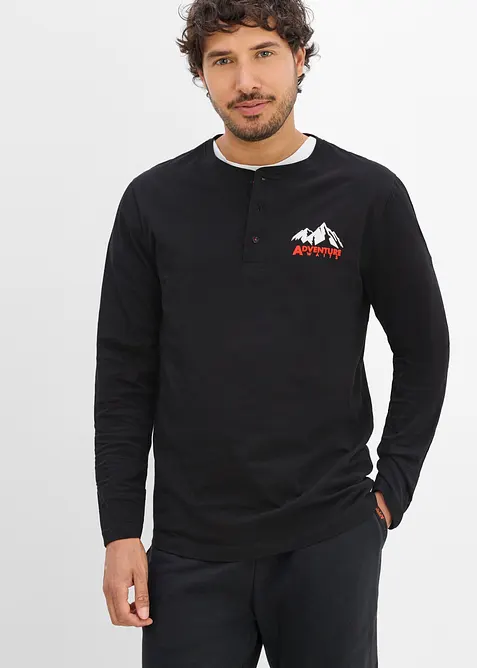 Henleyshirt aus reiner Bio-Baumwolle in schwarz von vorne (im Anschnitt) - bonprix