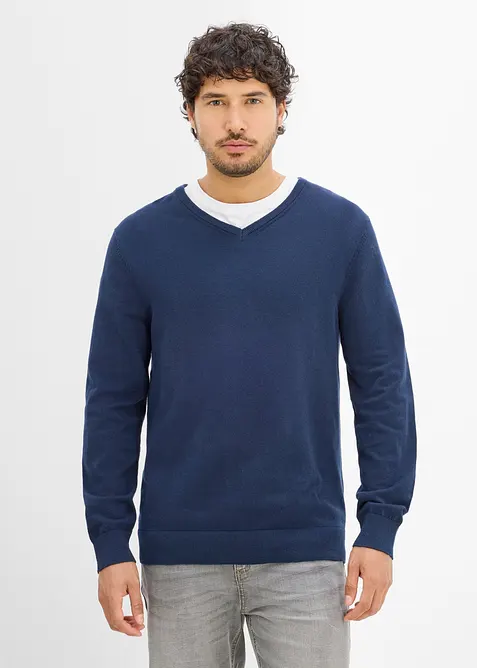 Feinstrickpullover mit V-Ausschnitt (2er Pack) in blau von vorne (im Anschnitt) - bonprix