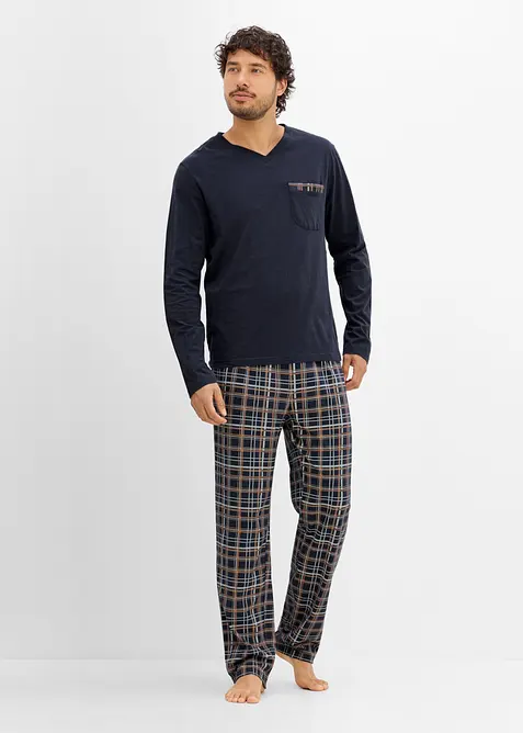 Pyjama mit Bio-Baumwolle und langen Ärmeln in blau von vorne (Totalaufnahme) - bonprix