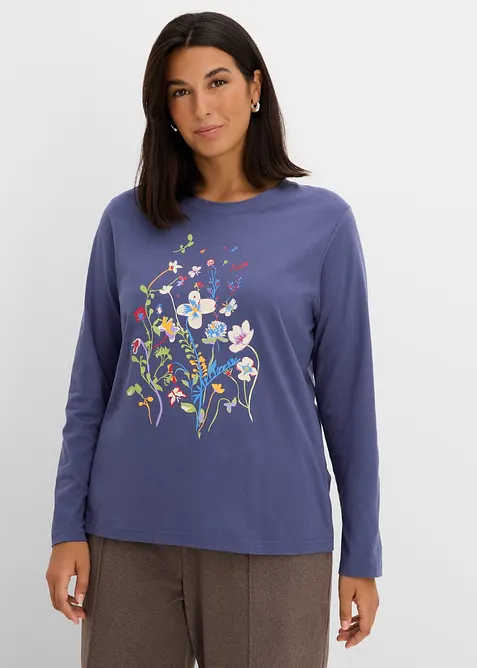 Langarmshirt aus reiner Bio-Baumwolle in blau von vorne (im Anschnitt) - bonprix