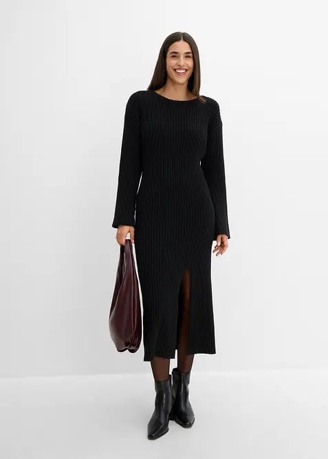 Strickkleid mit Schlitz in schwarz im Look von vorne (Totalaufnahme) - bonprix