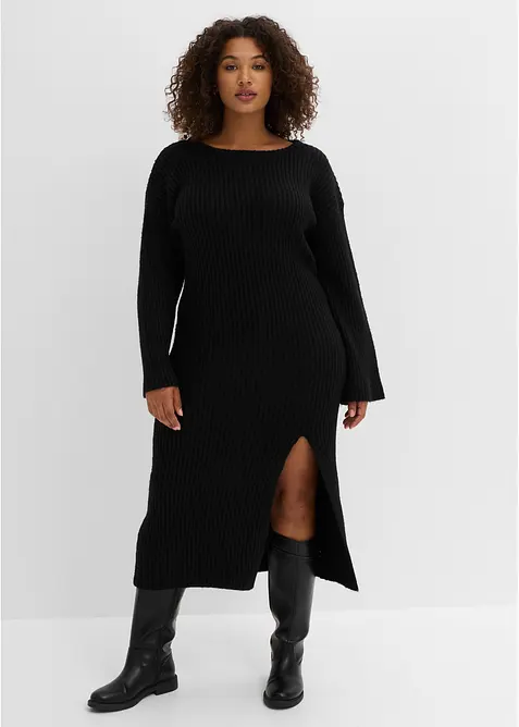 Strickkleid mit Schlitz in schwarz von vorne (Totalaufnahme) - bonprix
