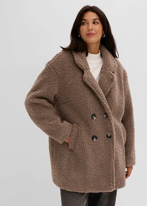 Kurzmantel in Teddy-Optik in braun von vorne (Totalaufnahme) - bonprix