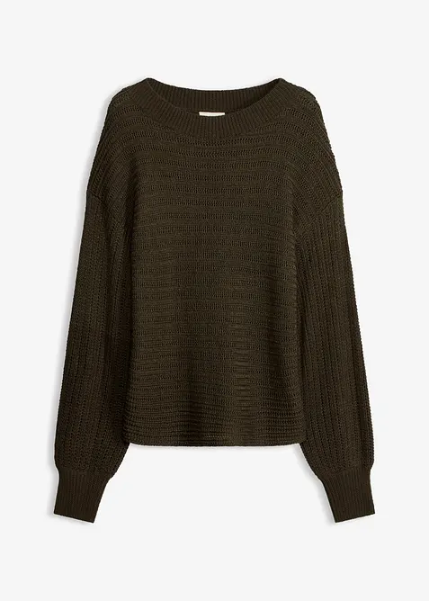 Oversize Lochstrick-Pullover in grün von vorne - bonprix