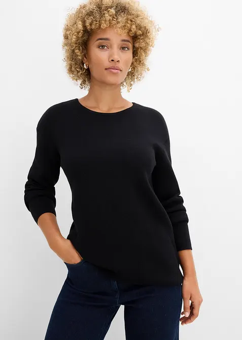 Milano Rib Pullover mit Rundhals in schwarz von vorne (im Anschnitt) - bonprix