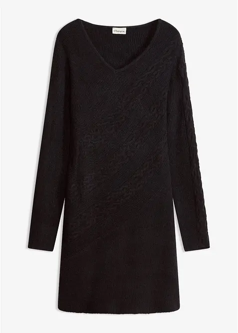 Strickkleid mit V-Ausschnitt in schwarz von vorne - bonprix
