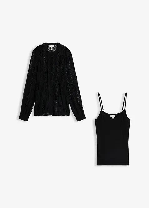 Jerseybluse mit Top (2-tlg. Set) in schwarz von vorne - bonprix