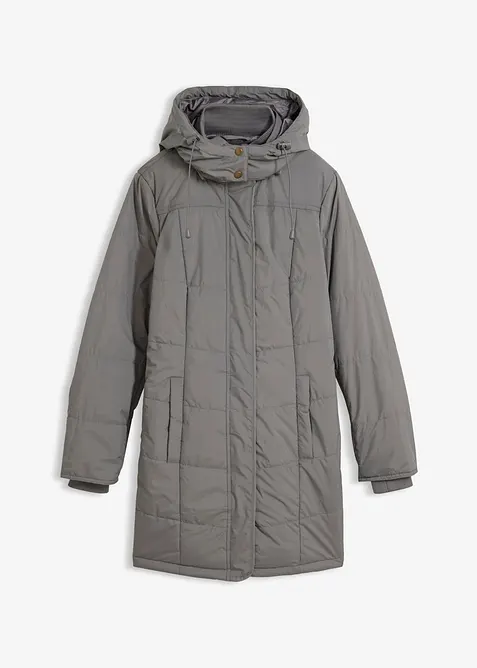 Long-Steppjacke, wattiert mit Kragen und Kapuze in grau von vorne - bonprix