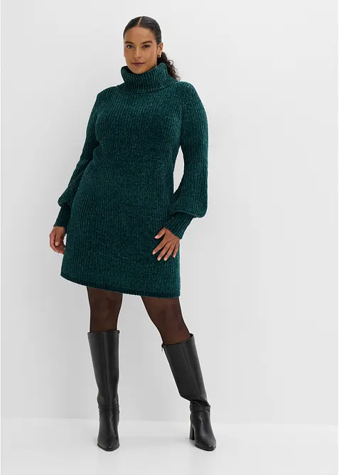 Chenille Strickkleid mit weitem Rollkragen in grün von vorne (Totalaufnahme) - bonprix