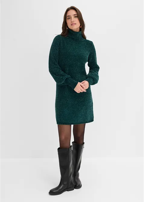 Chenille Strickkleid aus recyceltem Polyester in grün von vorne (Totalaufnahme) - bonprix
