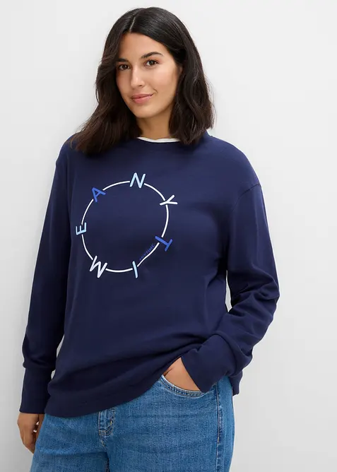 Langarmshirt mit schwerer Baumwolle in blau von vorne (im Anschnitt) - bonprix