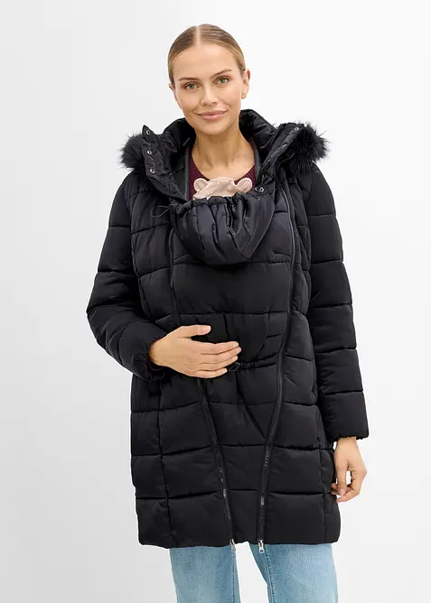 3-in-1-Umstands-Pufferjacke mit Trageeinsatz und abnehmbarem Fellbesatz in schwarz von vorne (Totalaufnahme) - bonprix