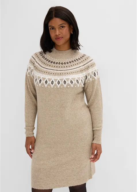Norweger-Strickkleid mit Stehkragen in beige von vorne (Totalaufnahme) - bonprix