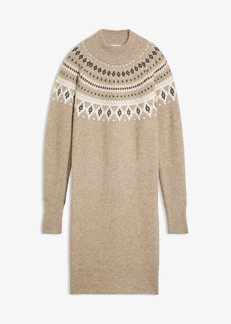 Norweger-Strickkleid mit Stehkragen in beige von vorne - bonprix