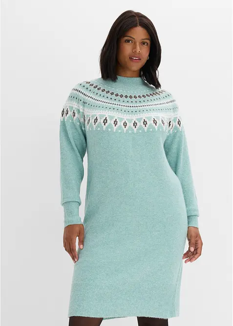 Norweger-Strickkleid mit Stehkragen in blau von vorne (Totalaufnahme) - bonprix