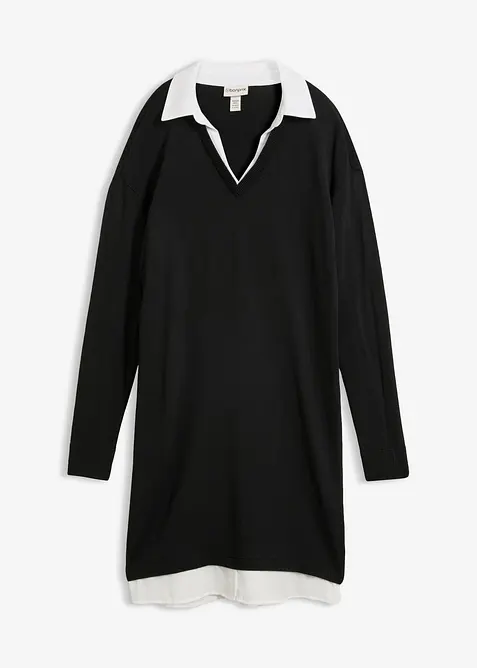 Strickkleid mit Blusen-Einsatz in schwarz von vorne - bonprix