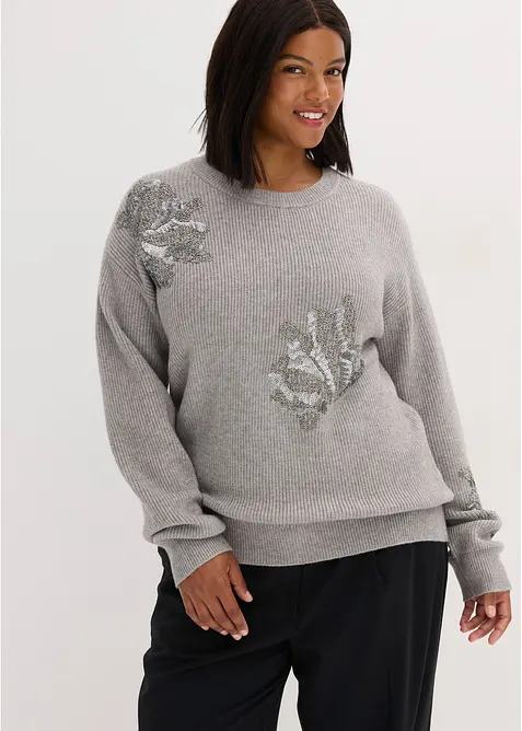 Pullover mit Applikation in grau von vorne (im Anschnitt) - bonprix