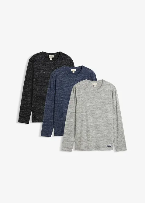 Langarmshirt aus Baumwoll-Mix (3er Pack) in blau von vorne - bonprix