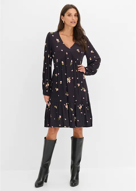 Jerseykleid mit Ballonärmeln in schwarz von vorne (Totalaufnahme) - bonprix