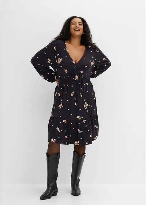 Jerseykleid mit Ballonärmeln in schwarz von vorne (Totalaufnahme) - bonprix
