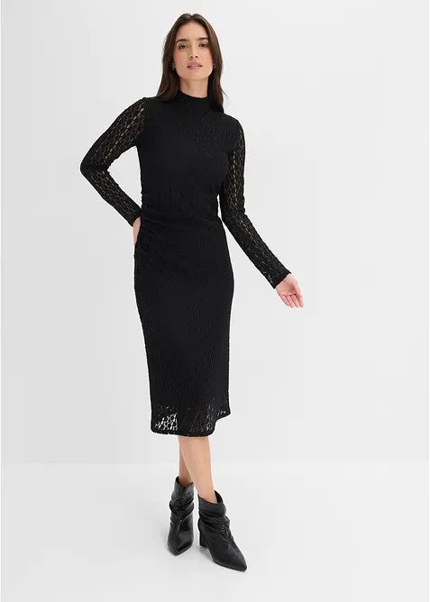 Jerseykleid in Ajour-Spitzen-Optik in schwarz von vorne (Totalaufnahme) - bonprix