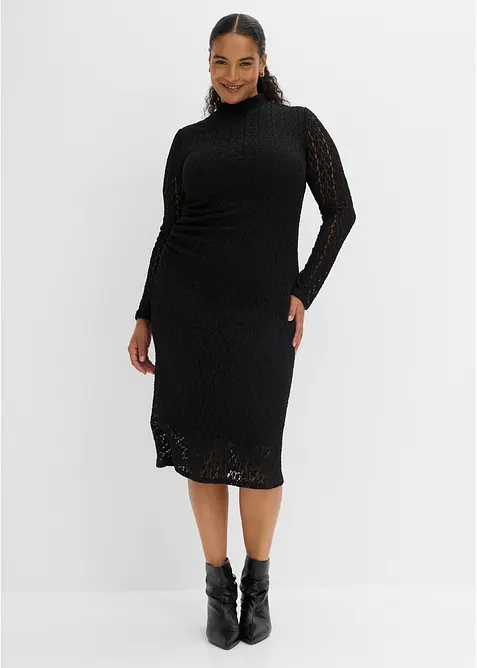 Jerseykleid in Ajour-Spitzen-Optik in schwarz von vorne (Totalaufnahme) - bonprix