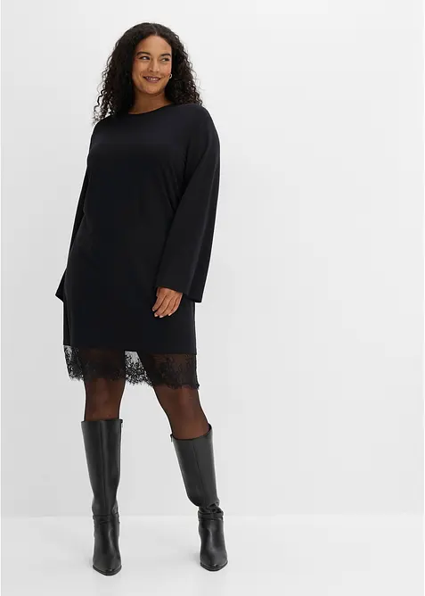 Jerseykleid mit Spitzen-Details in schwarz von vorne (Totalaufnahme) - bonprix