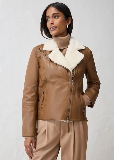 Leder Biker-Jacke aus Lammnappa in braun von vorne (im Anschnitt) - bonprix